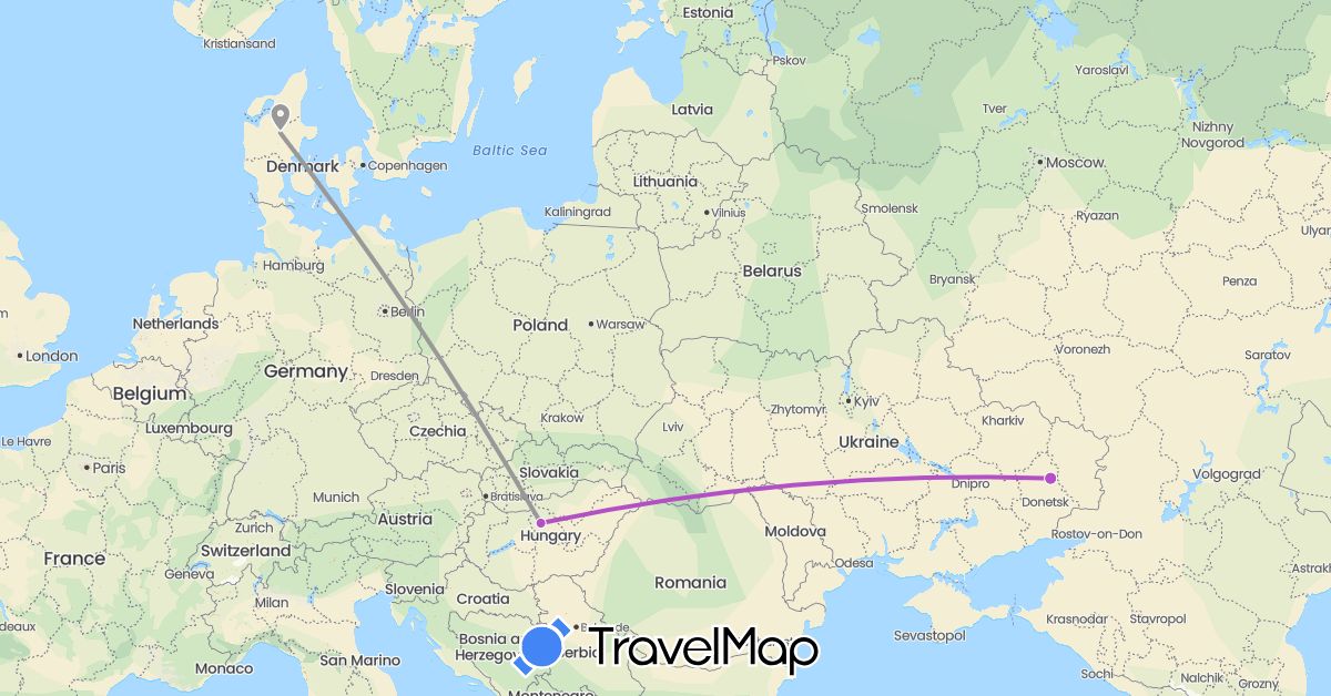 TravelMap itinerary: driving, plane, train in Denmark, Hungary, Ukraine (Europe)